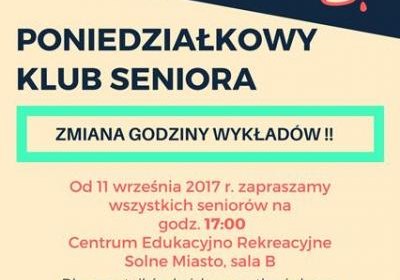 Zmiana godziny wykładów w ramach Poniedziałkowego Klubu Seniora