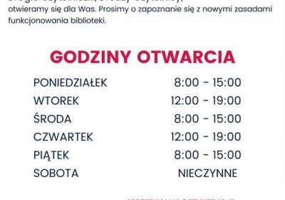 18 maja 2020 r. - wznowienie działalności biblioteki - zasady funkcjonowania i godziny otwarcia w okresie zagrożenia epidemicznego